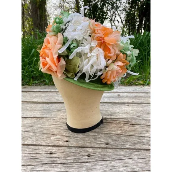 Vintage 1960s Millinery Flower Bucket Hat Peach and Green